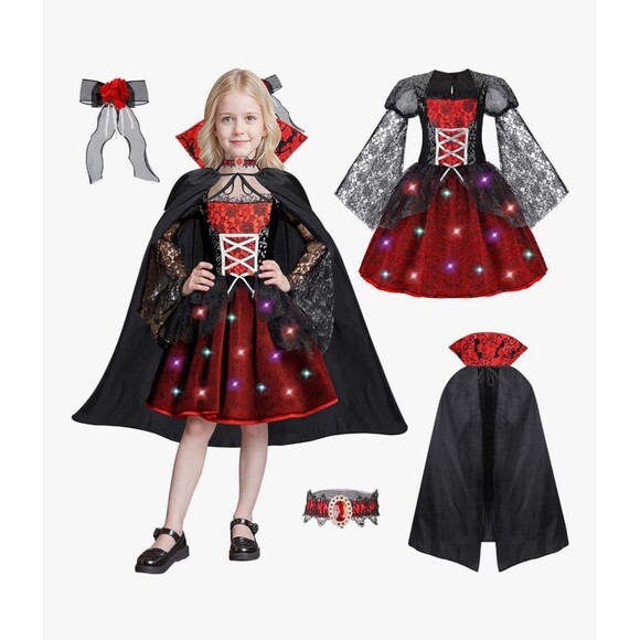 Girls Vampire Costume with Cape Light Up Dress Halloween Outfit Lace Rose 10-12 - Picture 1 of 7